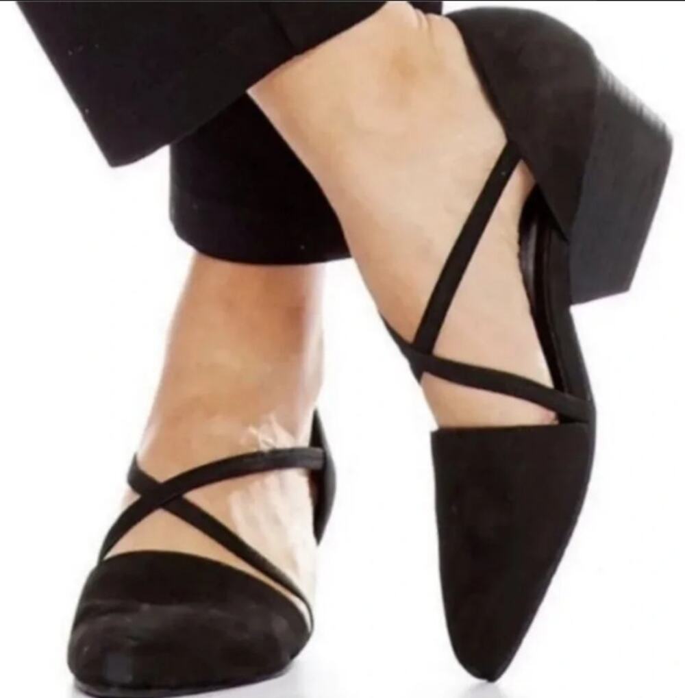 Eileen Fisher Poet Black Suede Criss Cross Block Heel Pumps Size 7 Women